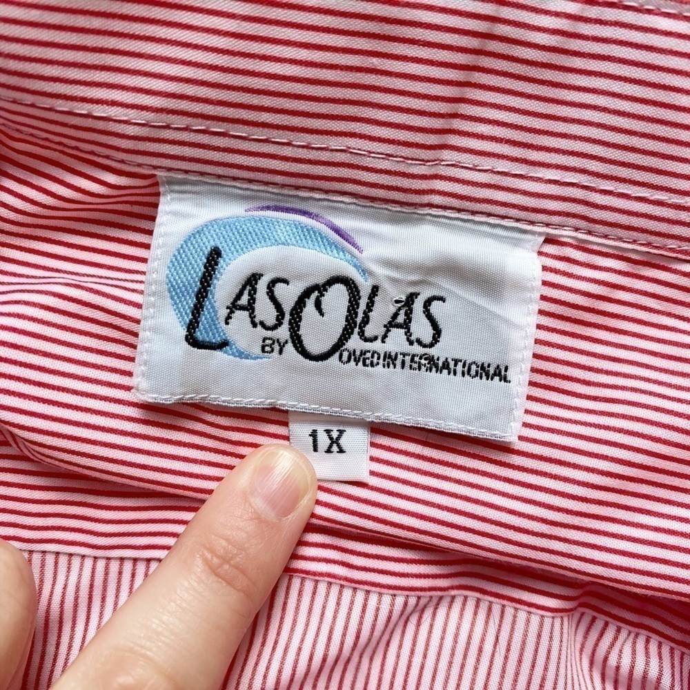 Las Olas Red and White Striped Button Down Long Sleeve Shirt with Embroidery - Picture 6 of 12